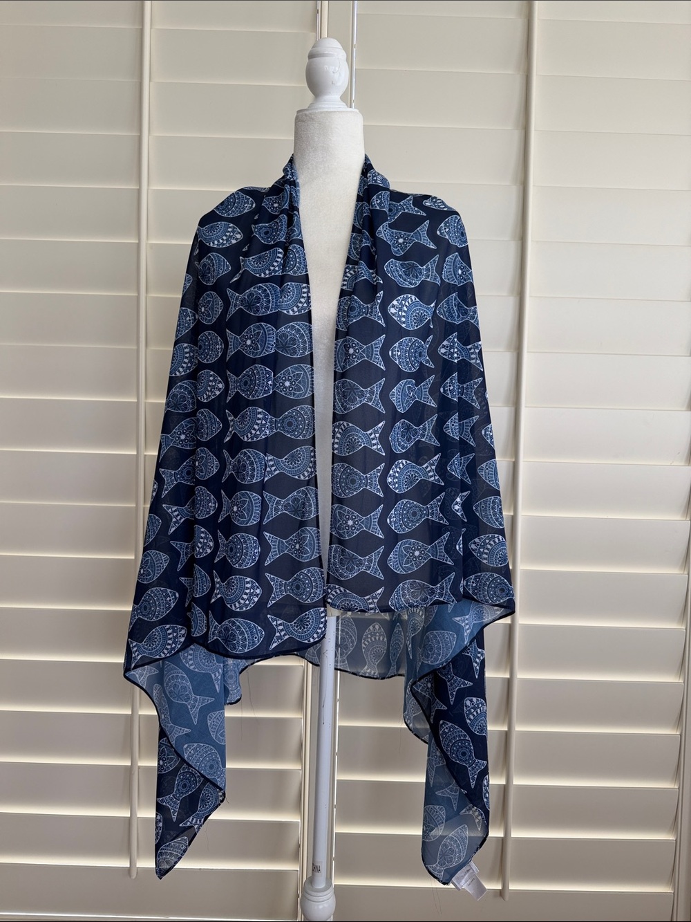 Navy Fish Print Lightweight Wrap Scarf 59”x40”